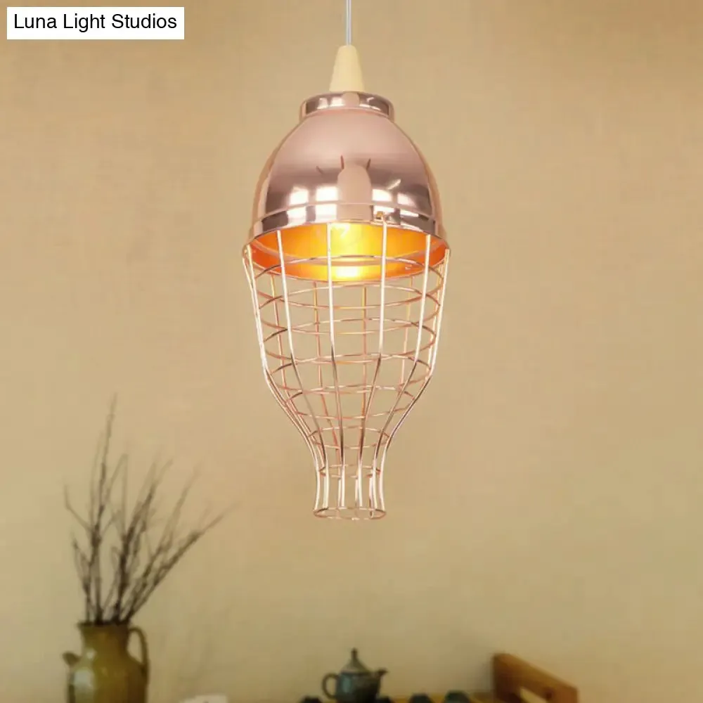 Vintage Rose Gold Pendant Light with Wire Cage - Metallic Shade for Living Room Ceiling