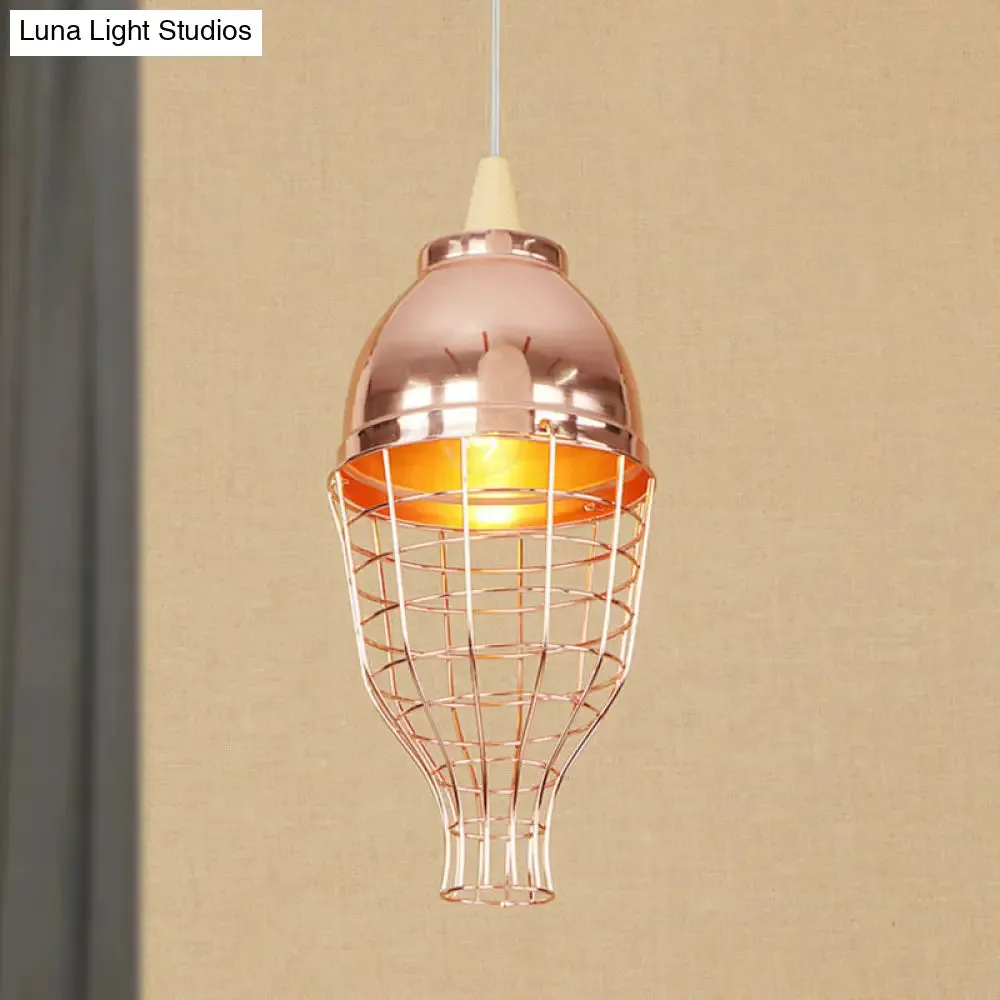 Vintage Rose Gold Pendant Light with Wire Cage - Metallic Shade for Living Room Ceiling