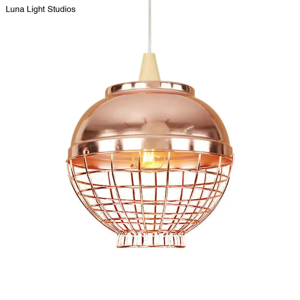 Vintage Rose Gold Pendant Light with Wire Cage - Metallic Shade for Living Room Ceiling