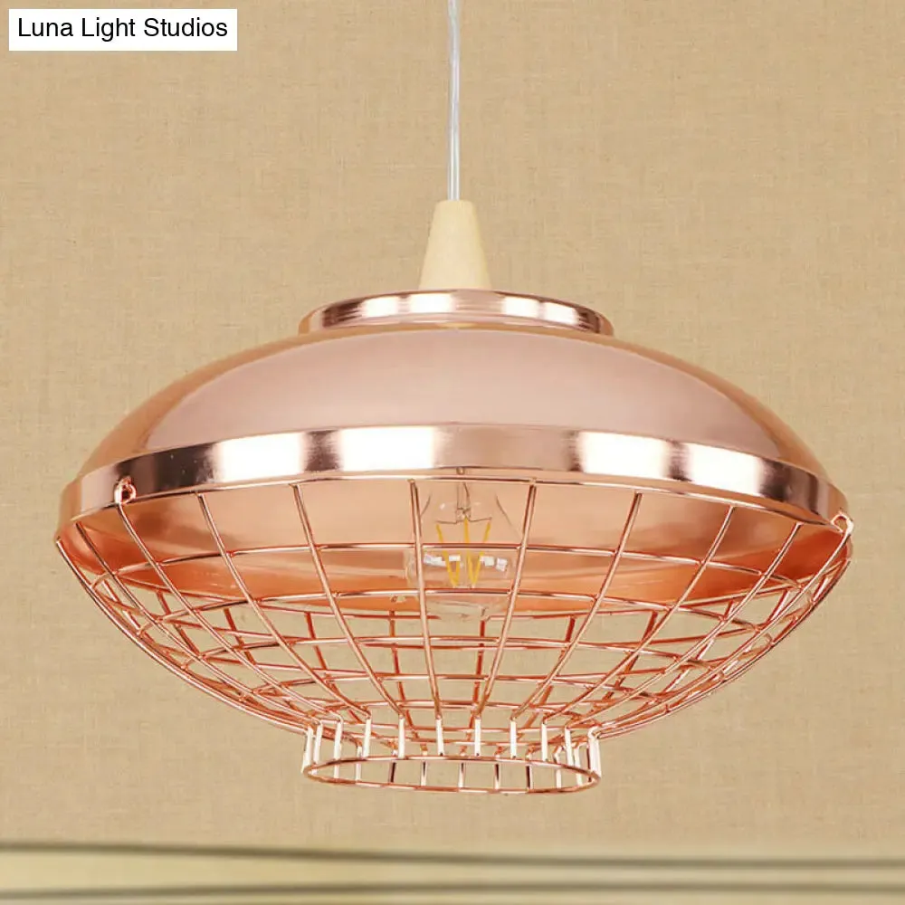 Vintage Rose Gold Pendant Light with Wire Cage - Metallic Shade for Living Room Ceiling