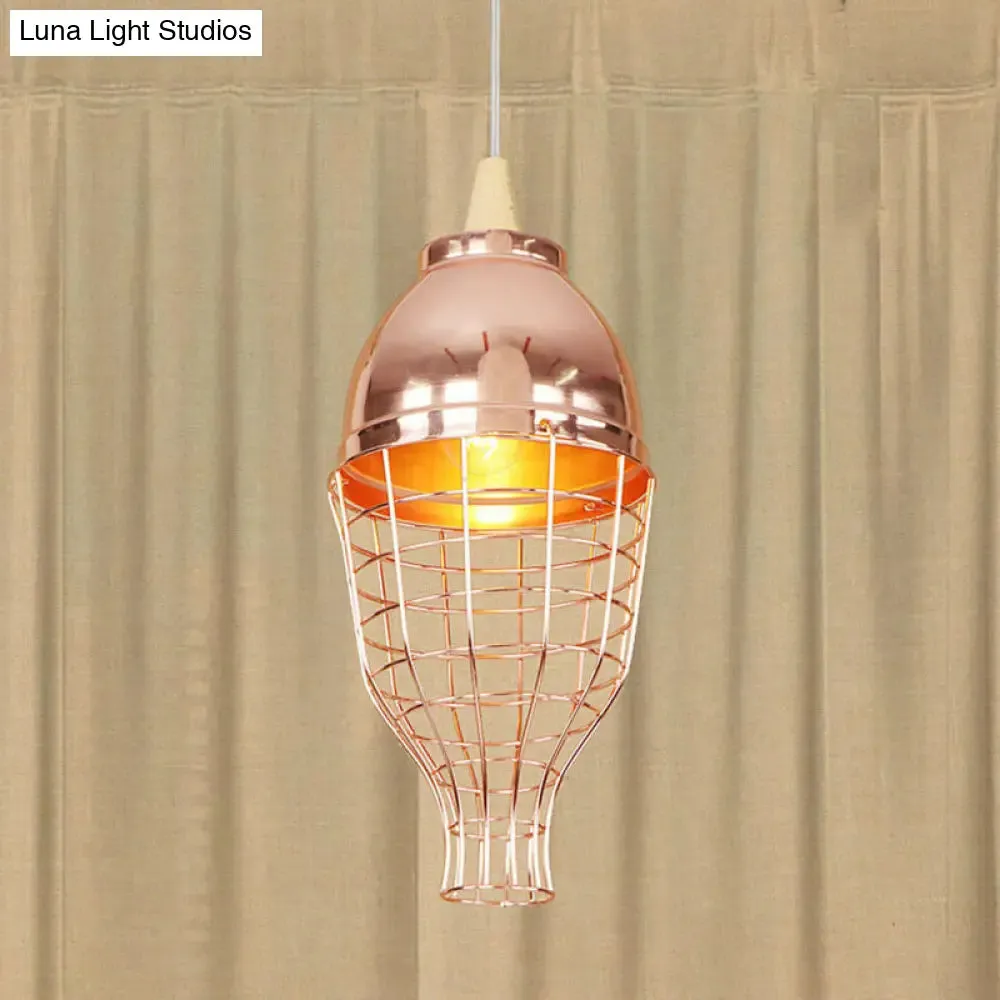 Vintage Rose Gold Pendant Light with Wire Cage - Metallic Shade for Living Room Ceiling