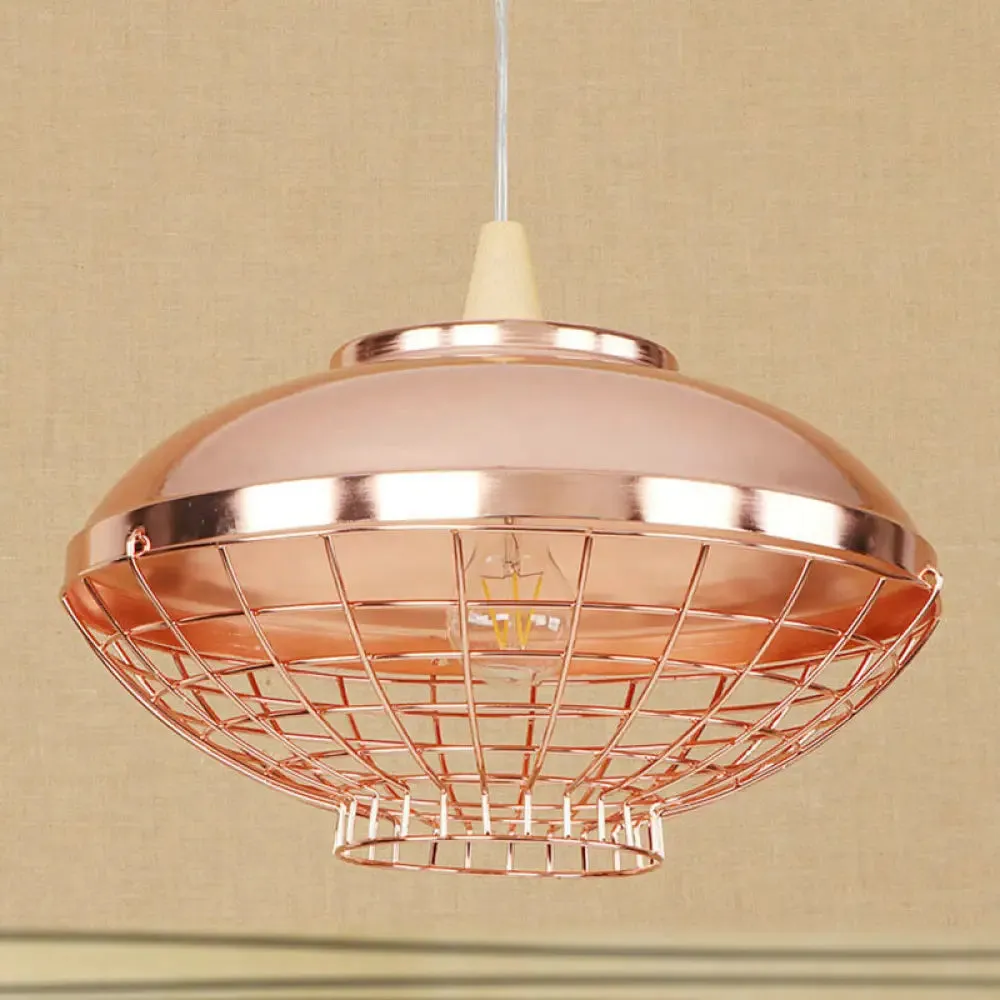 Vintage Rose Gold Pendant Light with Wire Cage - Metallic Shade for Living Room Ceiling