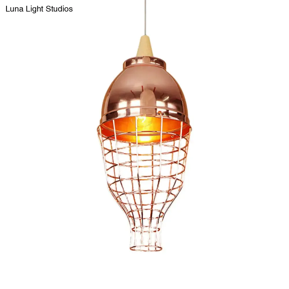 Vintage Rose Gold Pendant Light with Wire Cage - Metallic Shade for Living Room Ceiling