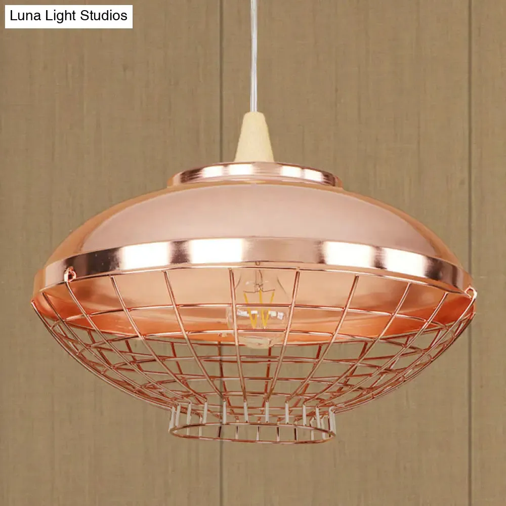 Vintage Rose Gold Pendant Light with Wire Cage - Metallic Shade for Living Room Ceiling