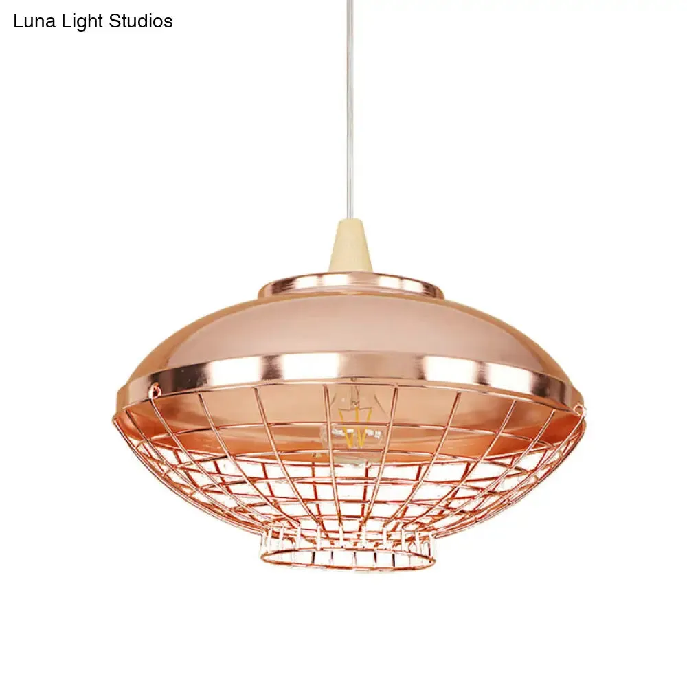 Vintage Rose Gold Pendant Light with Wire Cage - Metallic Shade for Living Room Ceiling