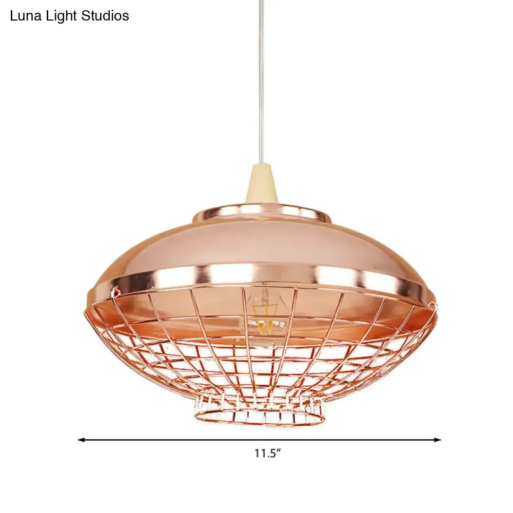 Vintage Rose Gold Pendant Light with Wire Cage - Metallic Shade for Living Room Ceiling