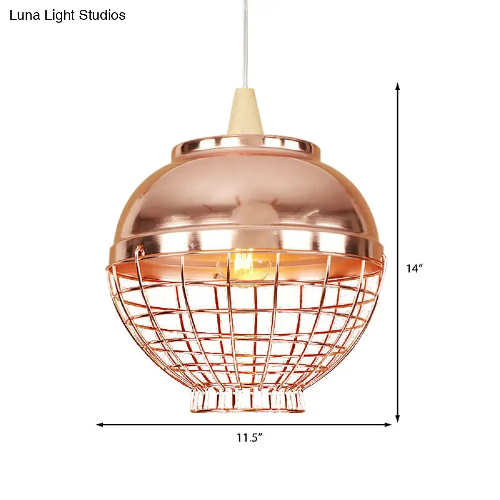 Vintage Rose Gold Pendant Light with Wire Cage - Metallic Shade for Living Room Ceiling