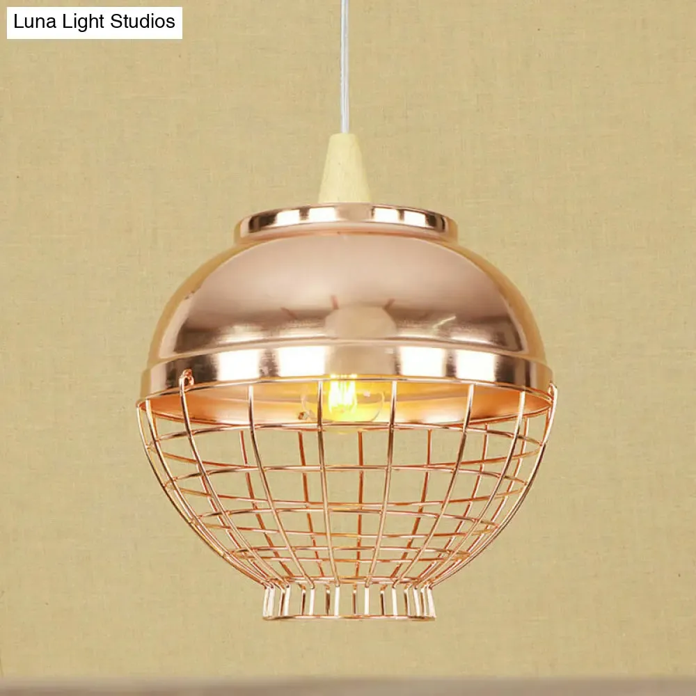 Vintage Rose Gold Pendant Light with Wire Cage - Metallic Shade for Living Room Ceiling