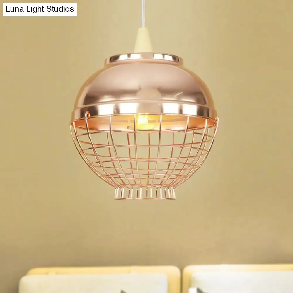 Vintage Rose Gold Pendant Light with Wire Cage - Metallic Shade for Living Room Ceiling
