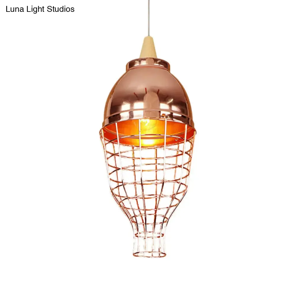 Vintage Rose Gold Pendant Light with Wire Cage - Metallic Shade for Living Room Ceiling