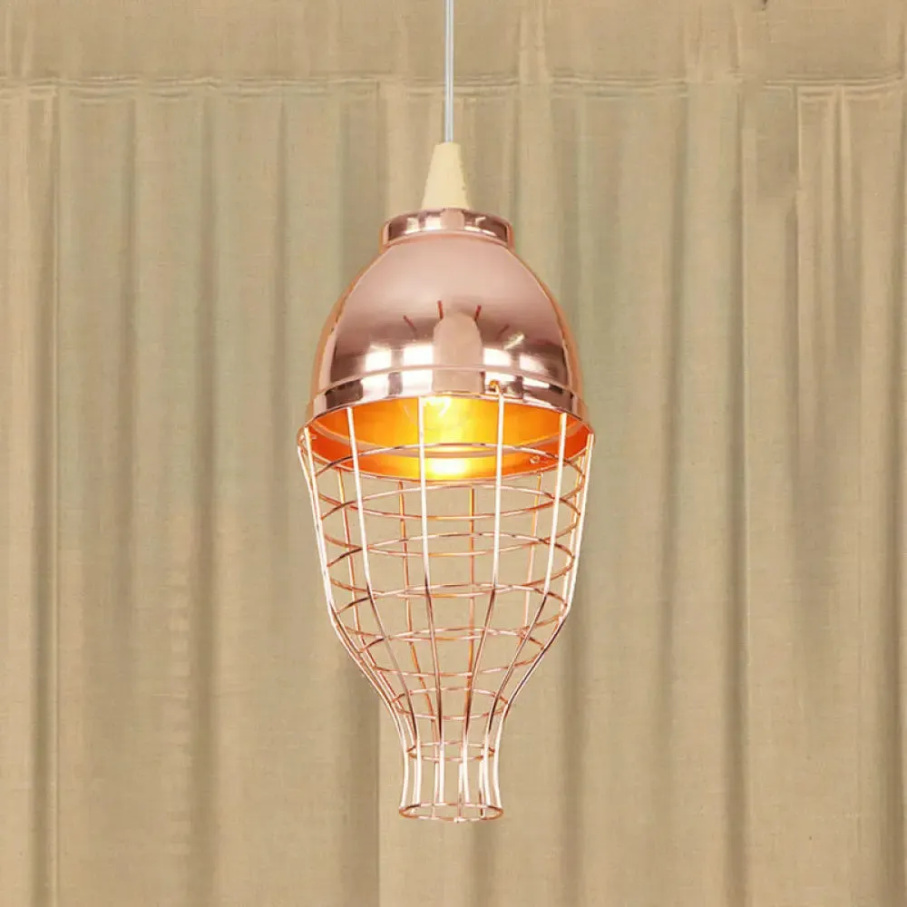 Vintage Rose Gold Pendant Light with Wire Cage - Metallic Shade for Living Room Ceiling