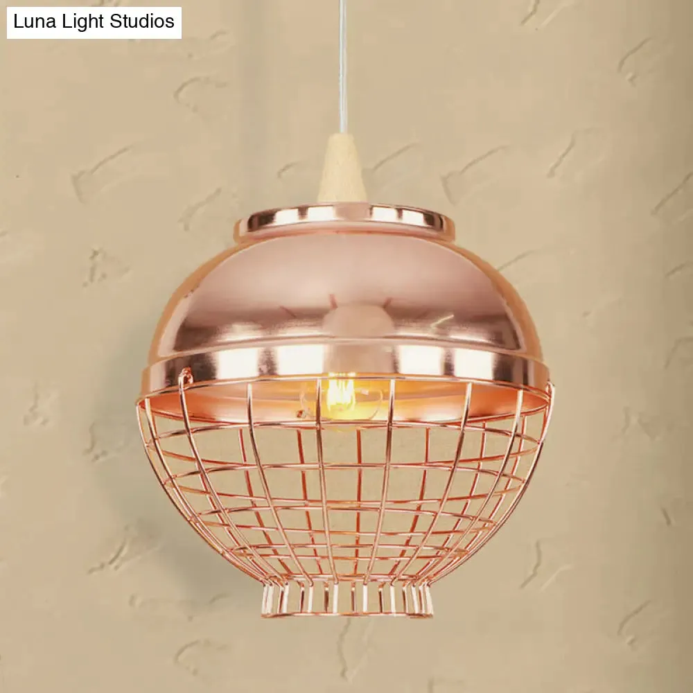 Vintage Rose Gold Pendant Light with Wire Cage - Metallic Shade for Living Room Ceiling
