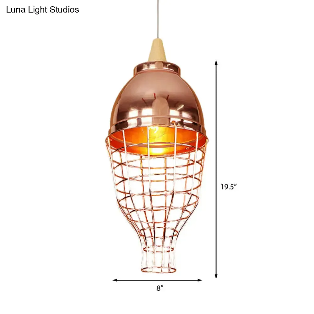 Vintage Rose Gold Pendant Light with Wire Cage - Metallic Shade for Living Room Ceiling