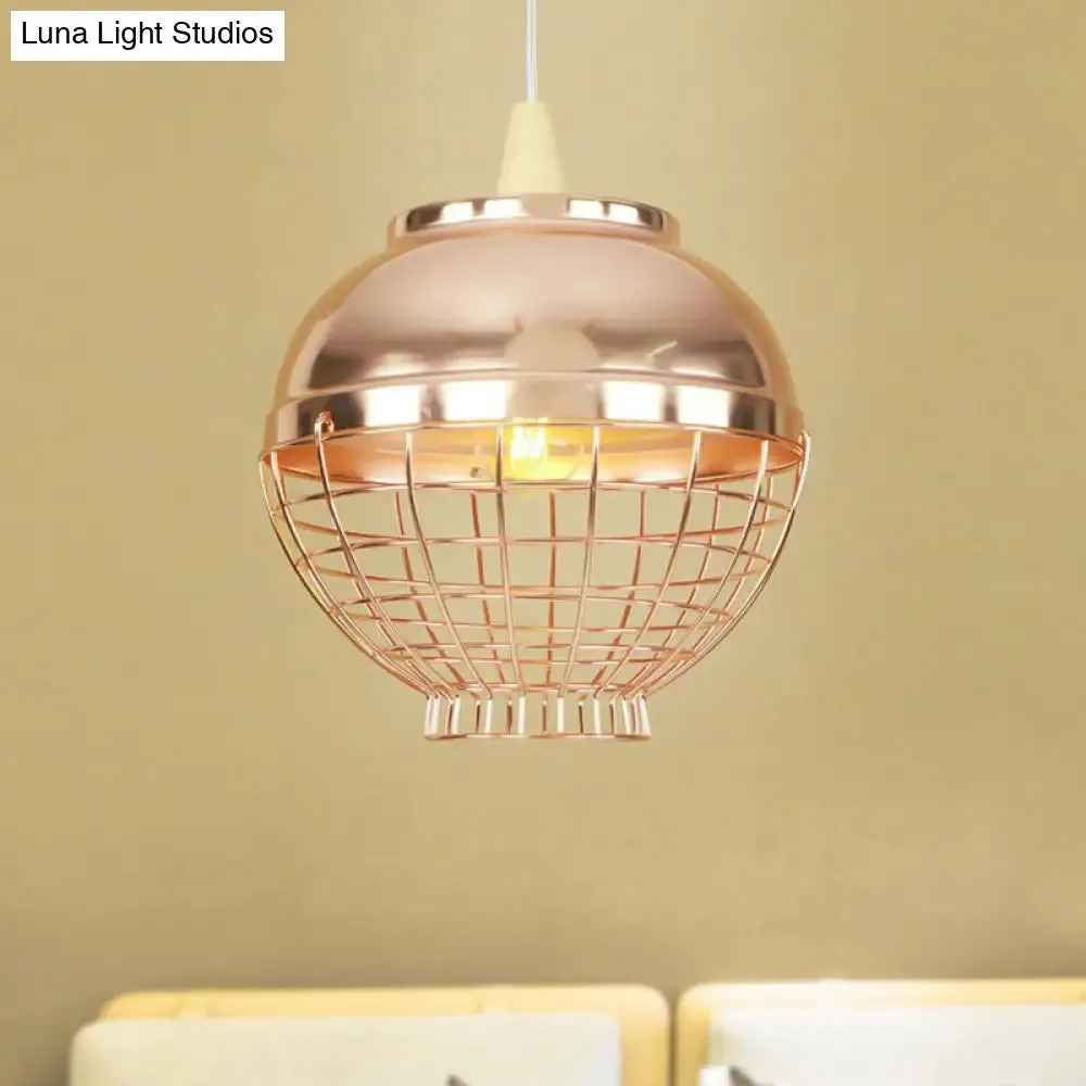 Vintage Rose Gold Pendant Light with Wire Cage - Metallic Shade for Living Room Ceiling