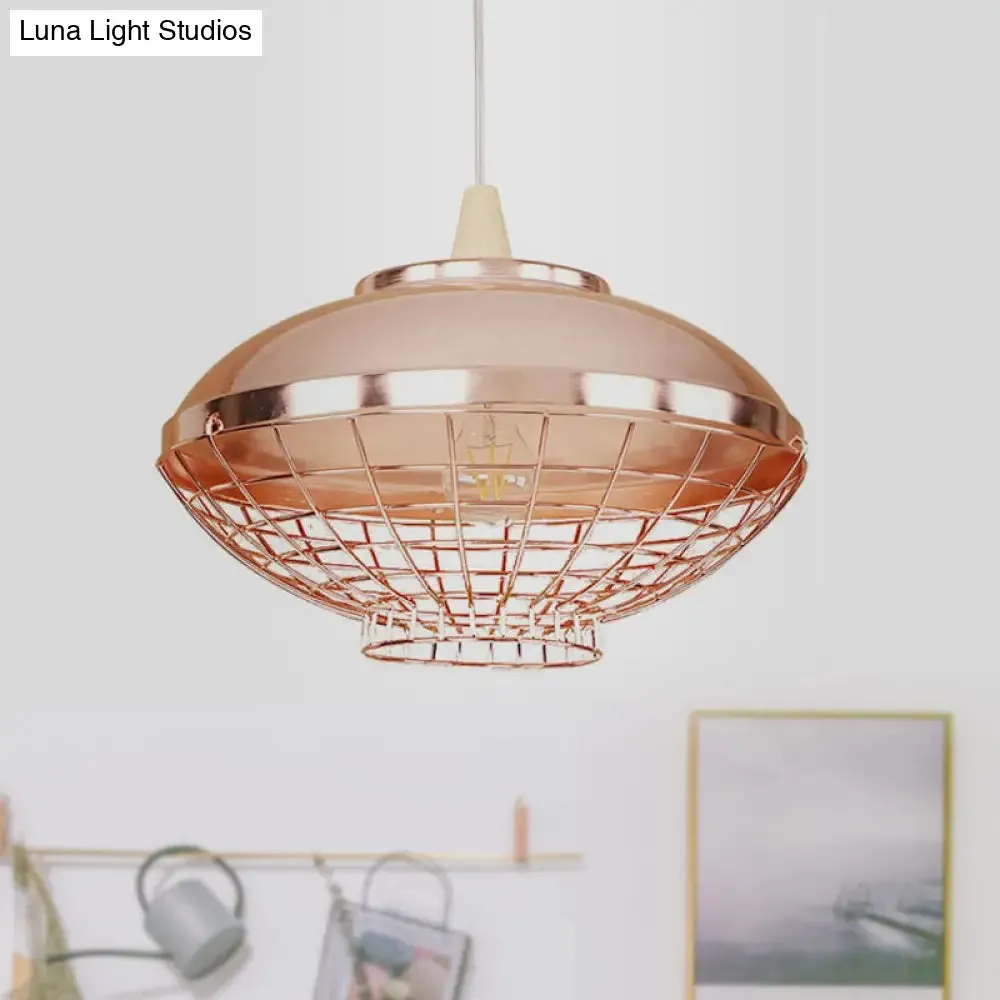Vintage Rose Gold Pendant Light with Wire Cage - Metallic Shade for Living Room Ceiling