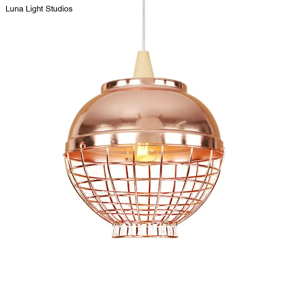 Vintage Rose Gold Pendant Light with Wire Cage - Metallic Shade for Living Room Ceiling