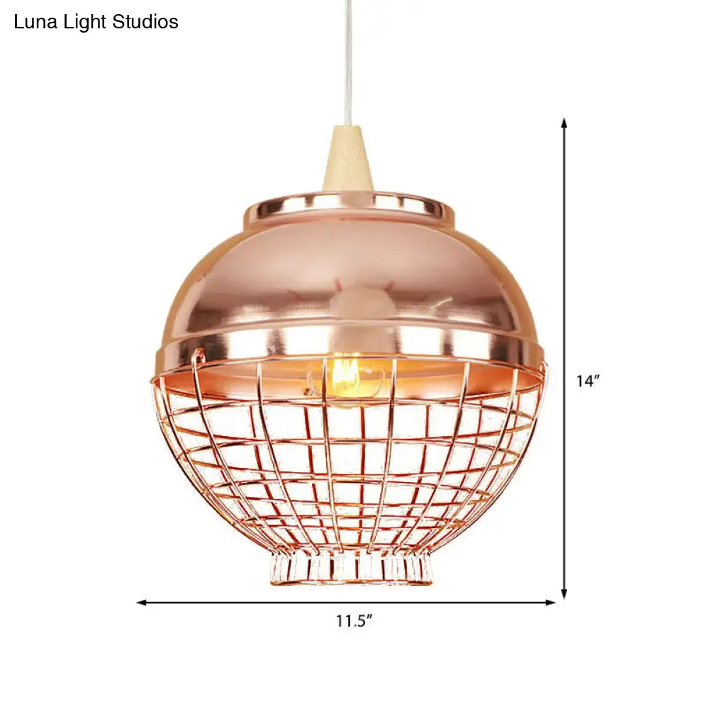 Vintage Rose Gold Pendant Light with Wire Cage - Metallic Shade for Living Room Ceiling