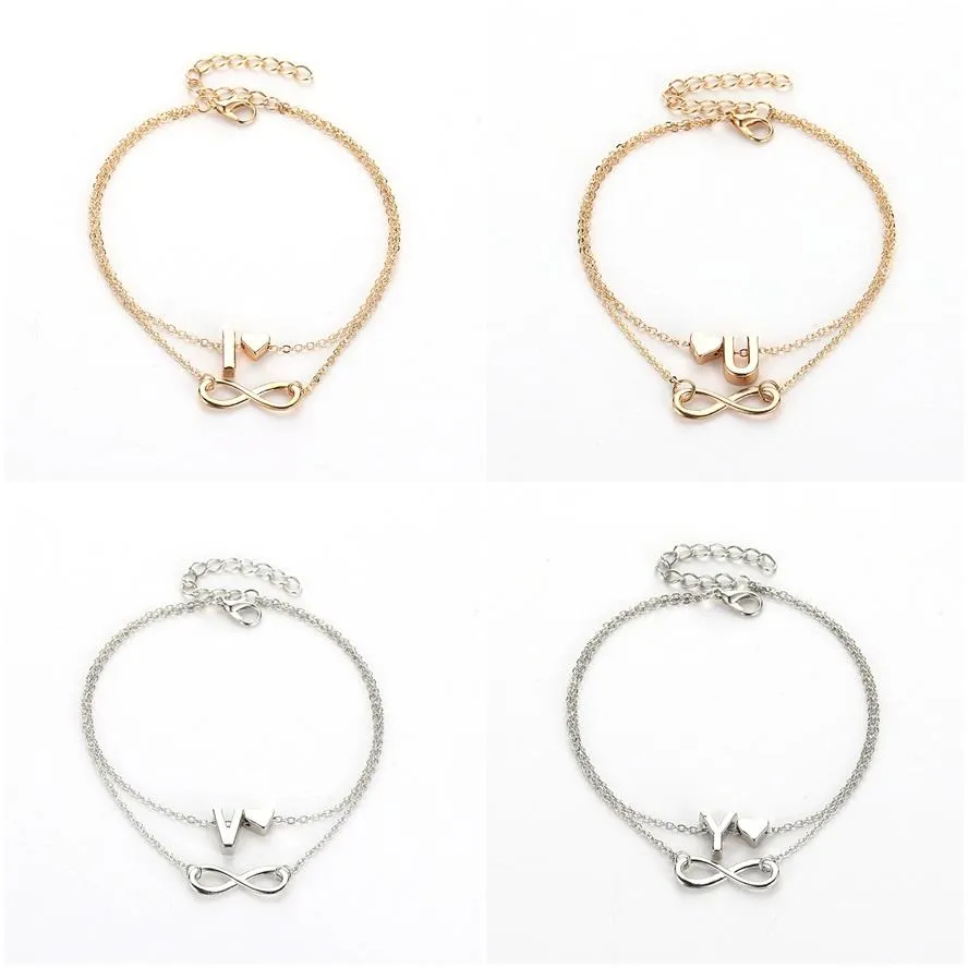Vintage Silver Gold Anklet Female Letter Heart A-Z Bohemian cheville Boho Charm Jewelry Infinity Ankles Bracelets