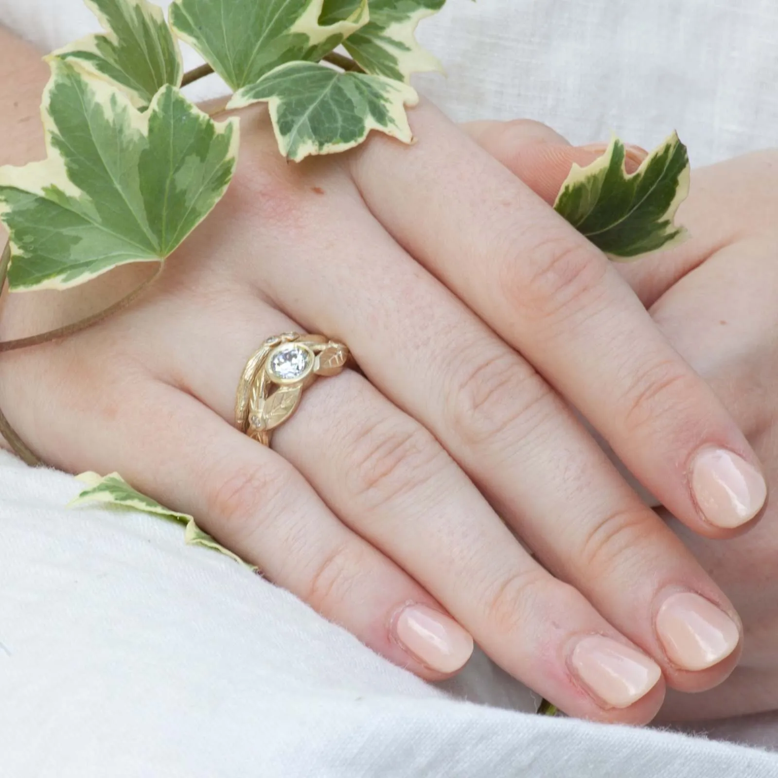 White Sapphire Leaf Engagement Ring