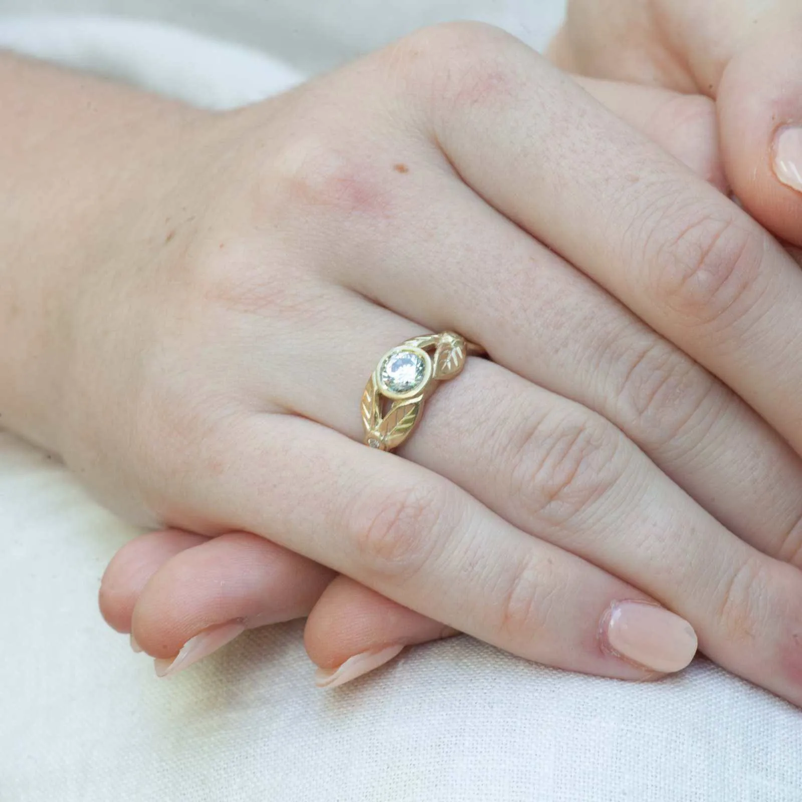 White Sapphire Leaf Engagement Ring