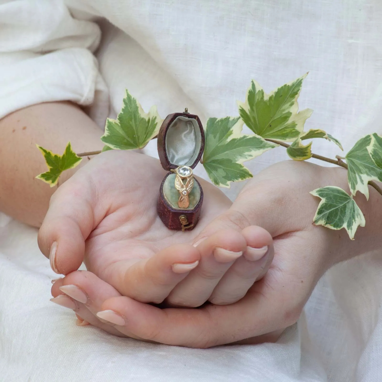 White Sapphire Leaf Engagement Ring