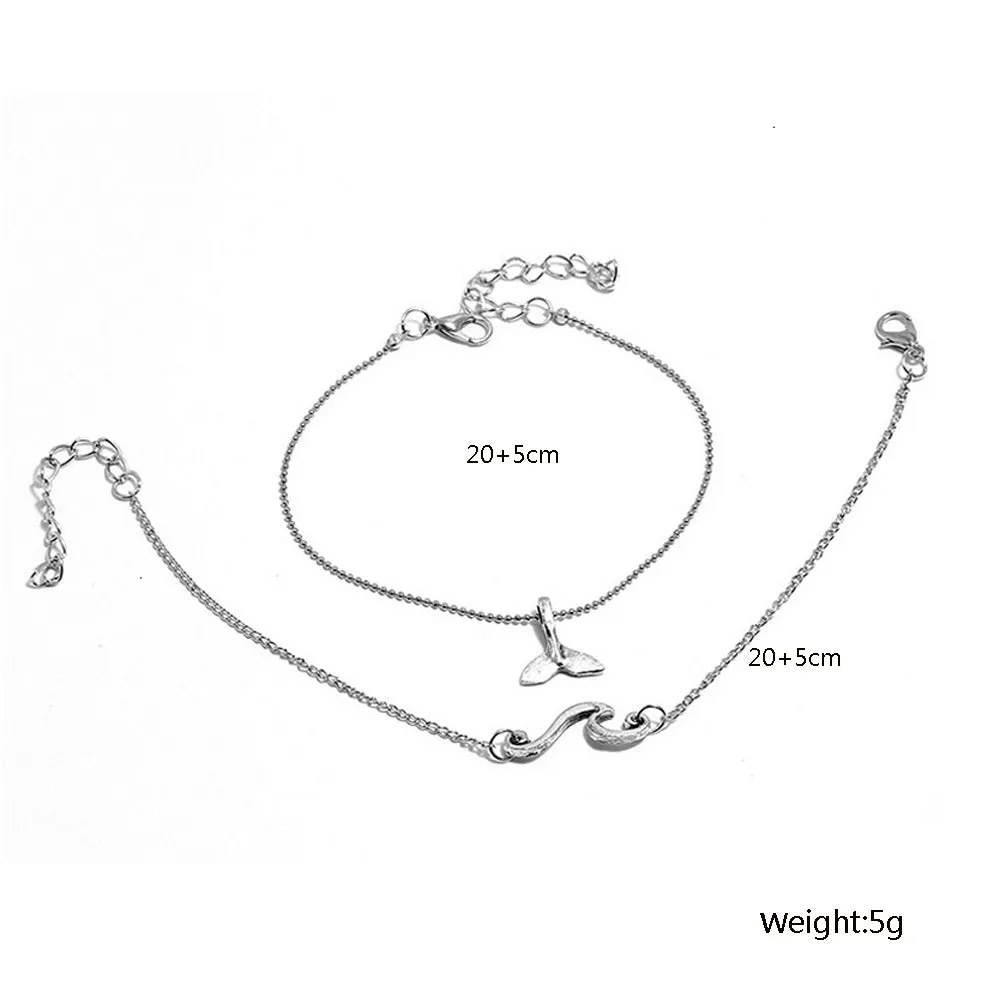 Wholesale Bohemian Double Layer Ocean Wave Fishtail Anklet 2 Piece Set JDC-AS-YeB034
