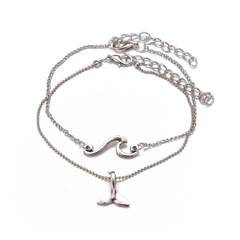 Wholesale Bohemian Double Layer Ocean Wave Fishtail Anklet 2 Piece Set JDC-AS-YeB034
