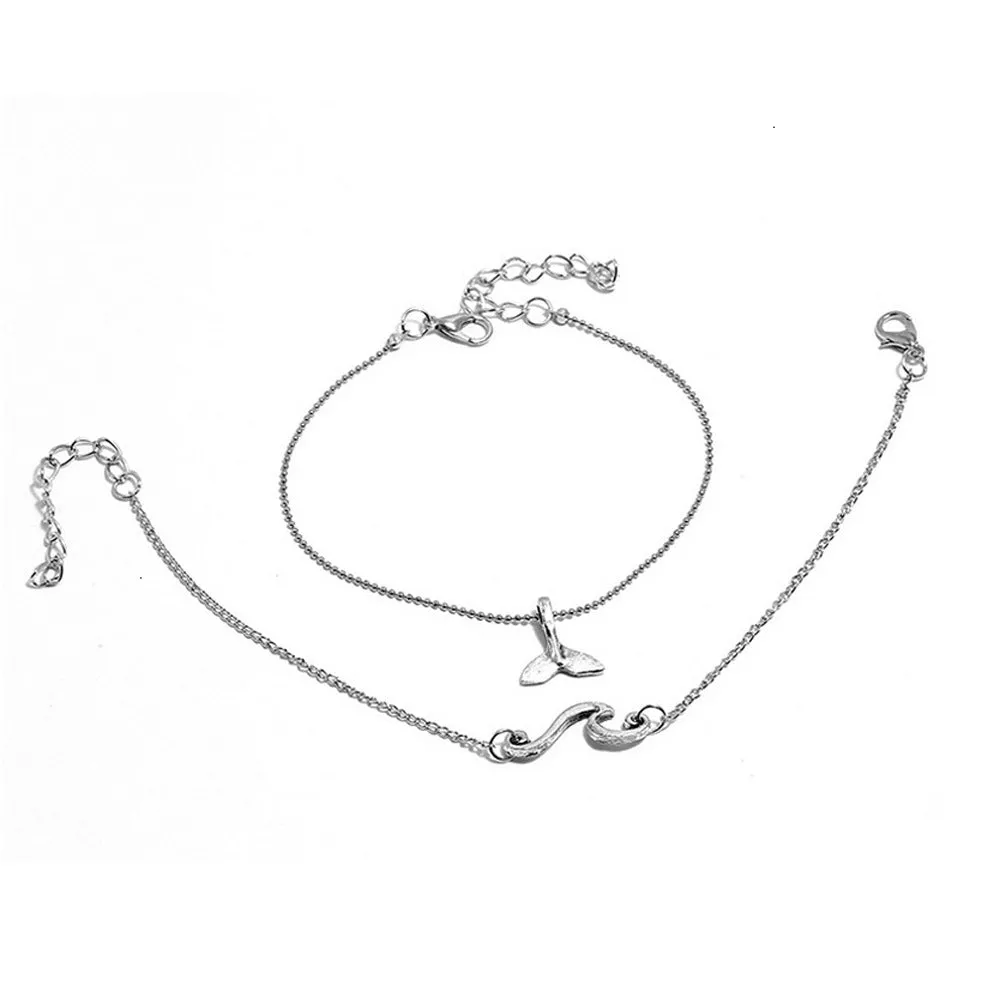 Wholesale Bohemian Double Layer Ocean Wave Fishtail Anklet 2 Piece Set JDC-AS-YeB034