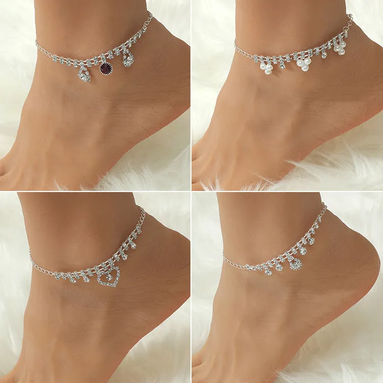 Wholesale bohemian pearl heart-encrusted diamond chain anklet  JDC-AS-D022