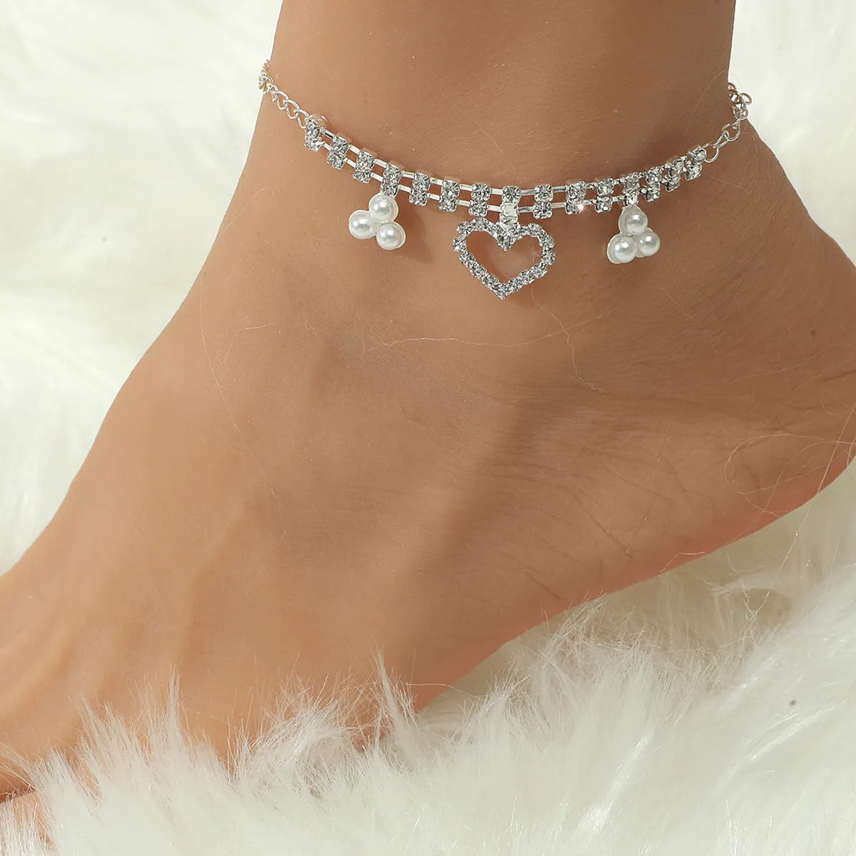Wholesale bohemian pearl heart-encrusted diamond chain anklet  JDC-AS-D022